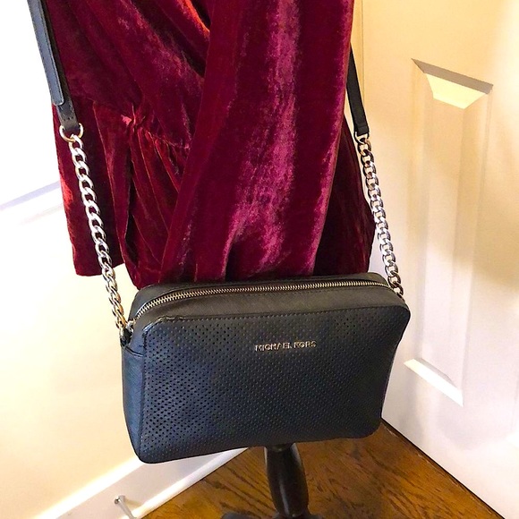 MICHAEL KORS Perforated Black Saffiano Crossbody with Silver Chain Leather Strap - Picture 6 of 15